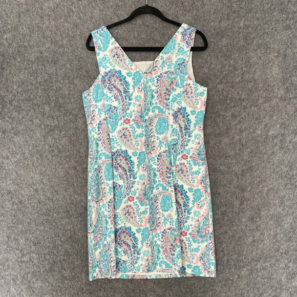 Talbots Teal & Pink Paisley Sheath Dress, Fresco Style, 14P - Picture 5 of 9